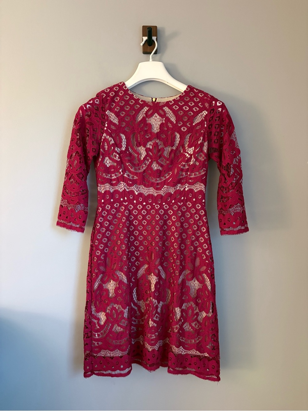 Danny and Nicole  Size 4 Red Guipure Lace Sheath Nude Lining Wedding Guest Dress
